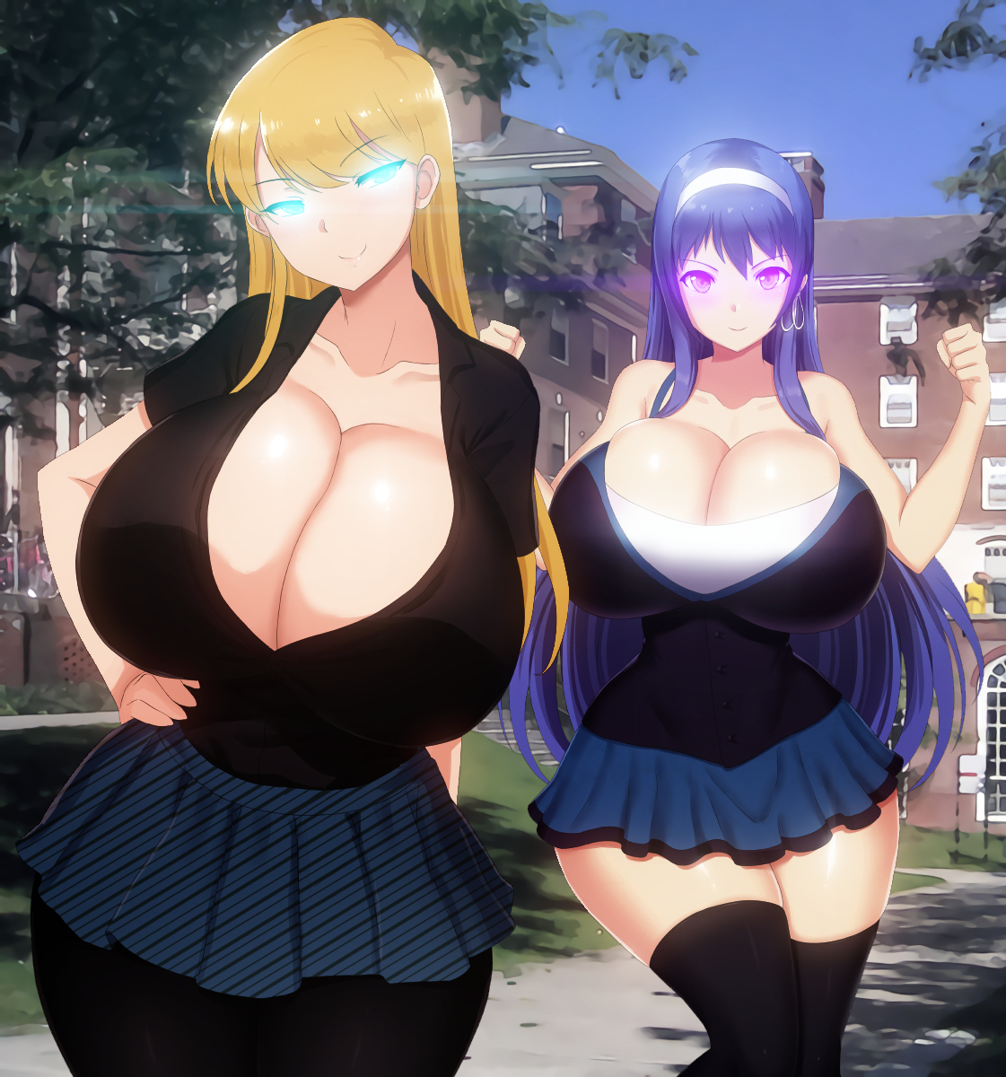 On a university campus, a voluptuous demigoddess student clad in a black button-down shirt (mostly unbuttoned to show off her cleavage), blue skirt, and black pantyhose smugly smiles with ice blue-glowing eyes at a fellow student with a similar physique, wearing a black and blue dress and black thigh-highs.